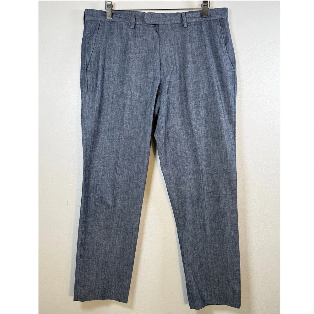 J.Crew Bowery Slim Fit Dress Pants Mens Fits 34x28 Blue Cone Denim Chambray